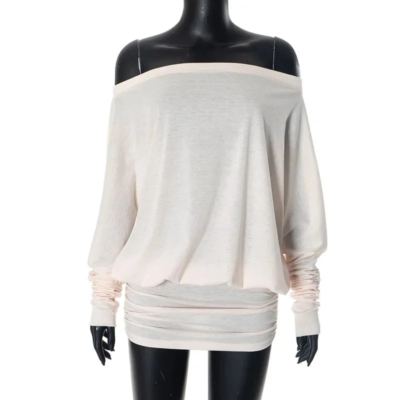 Women Mini Dress Beige Off Shoulder Batwing Long Sleeve Ruched Waist Bodycon Summer Evening Party Club Sexy Elegant Casual Wear