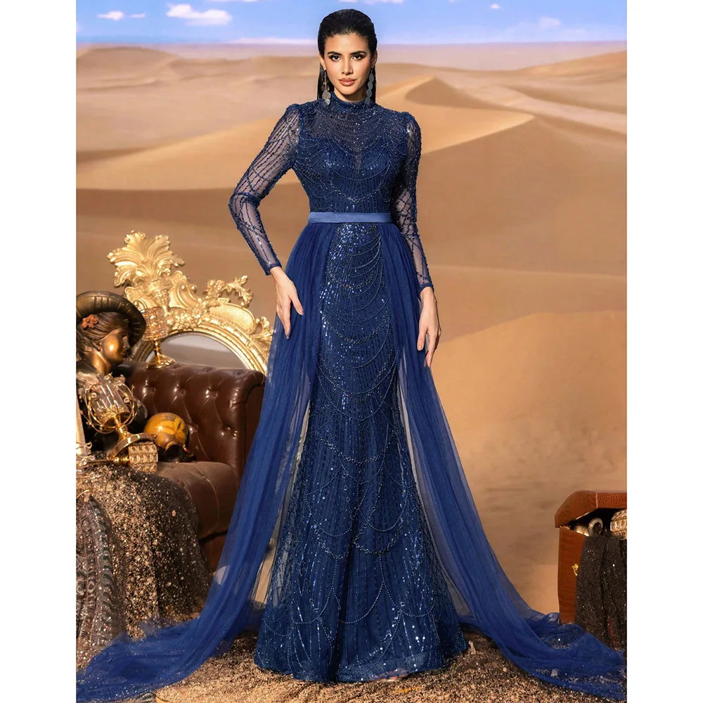 Elegant Wedding Evening Dress for Women 2026 Muslim Long Sleeves Mermaid Detachable Train Sequined Prom Party Gown Customized
