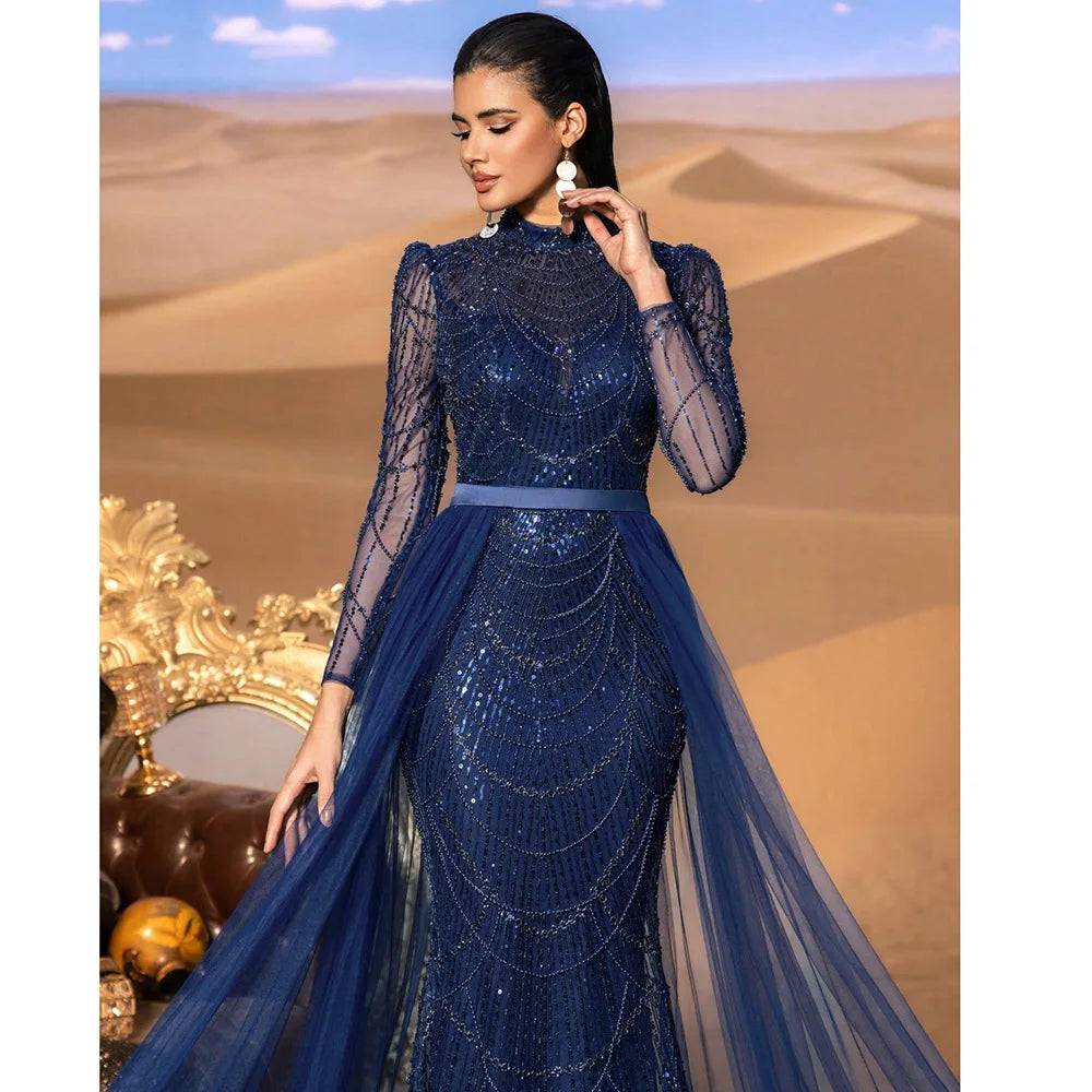 Elegant Wedding Evening Dress for Women 2026 Muslim Long Sleeves Mermaid Detachable Train Sequined Prom Party Gown Customized