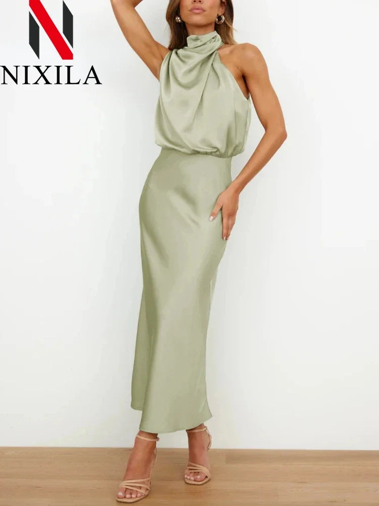 New in Summer Wedding Satin Silk Women Dresses Sexy Evening Party Sleeveless Off Shoulder Bodycon Elegant Maxi Dresses for Women