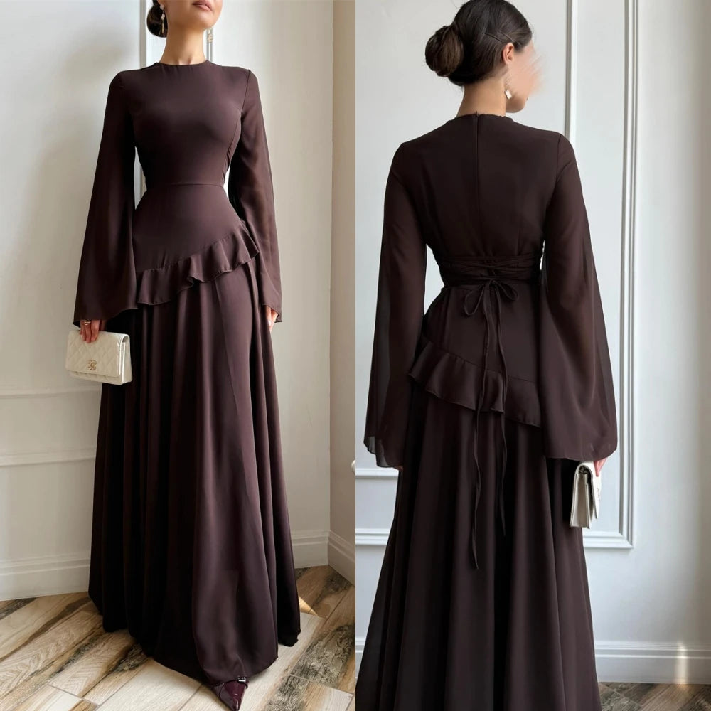 Customized Exquisite Chiffon Evening Dress Delicate O-Neck Prom Dresses Temperament Long Sleeves Special Occasion Gowns