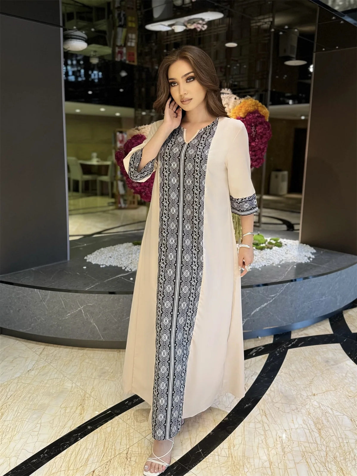 Muslim Maxi Dresses for Women Hijab Dress Elegant Woman Printed Ayabas Dresses Half Sleeve