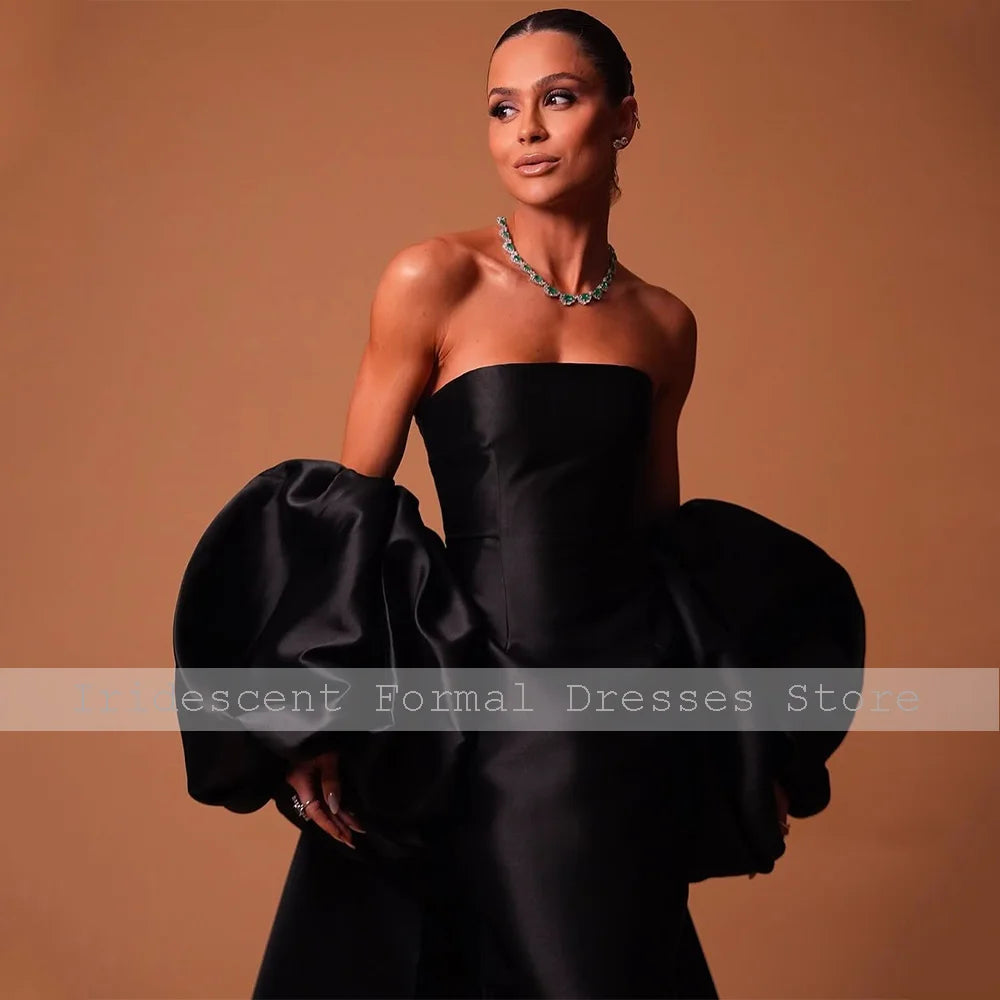 Black Satin Evening Dresses for Women 2025 Puffy Sleeves Wrap Elegant Formal Party Gowns Long Strapless Column Luxury Prom Dress