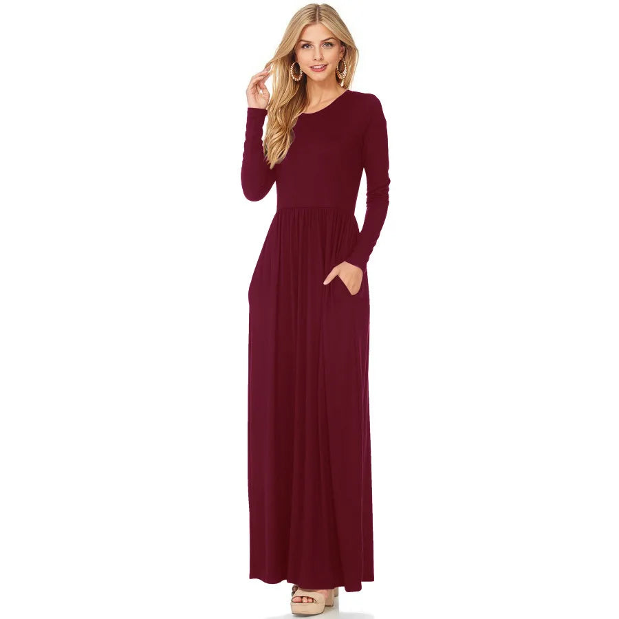 Women's Maxi Dress Summer Casual Solid adies Long Sleeve Pocket Floor Length Dress Fashion O Neck Female Long Skirts Street Wear