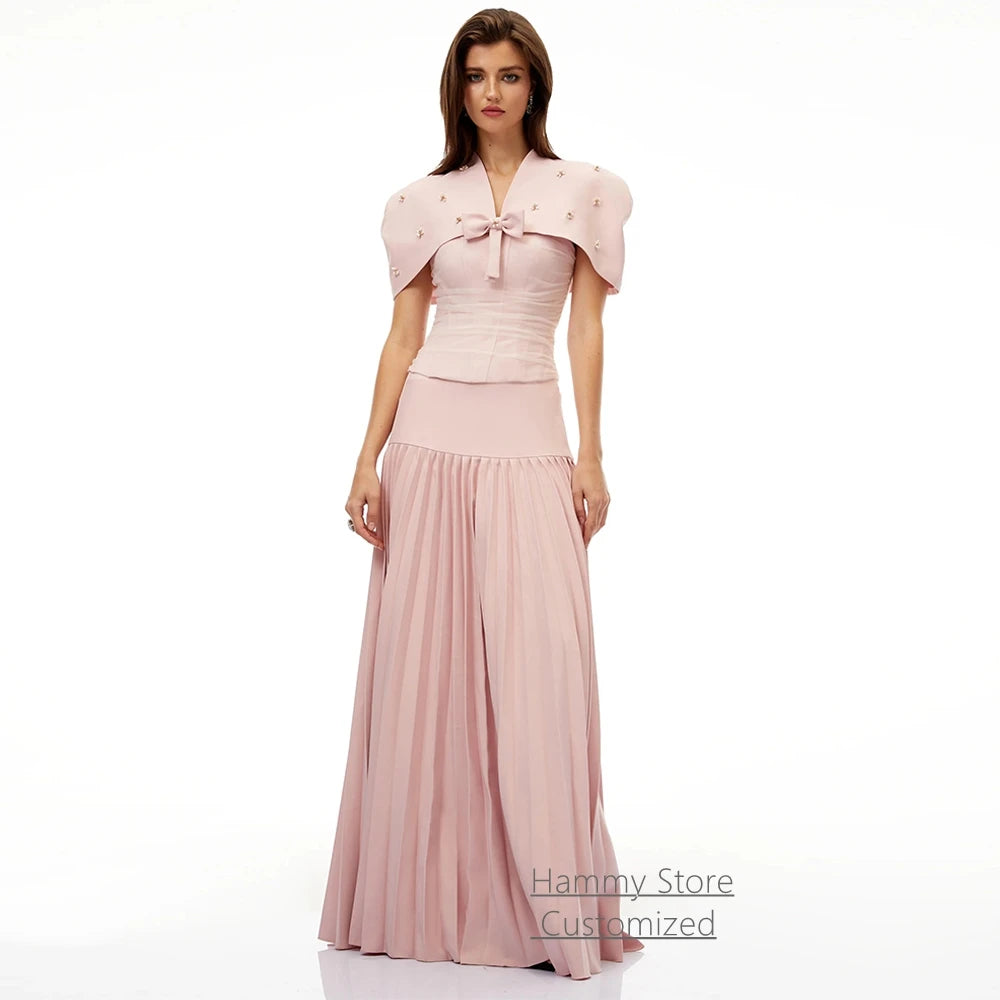 Evening Dress Modern Strapless Sleeveless Two Piece Pleat Skirt A Line Arabian Party Gown with Beading Cape Prom Dresses