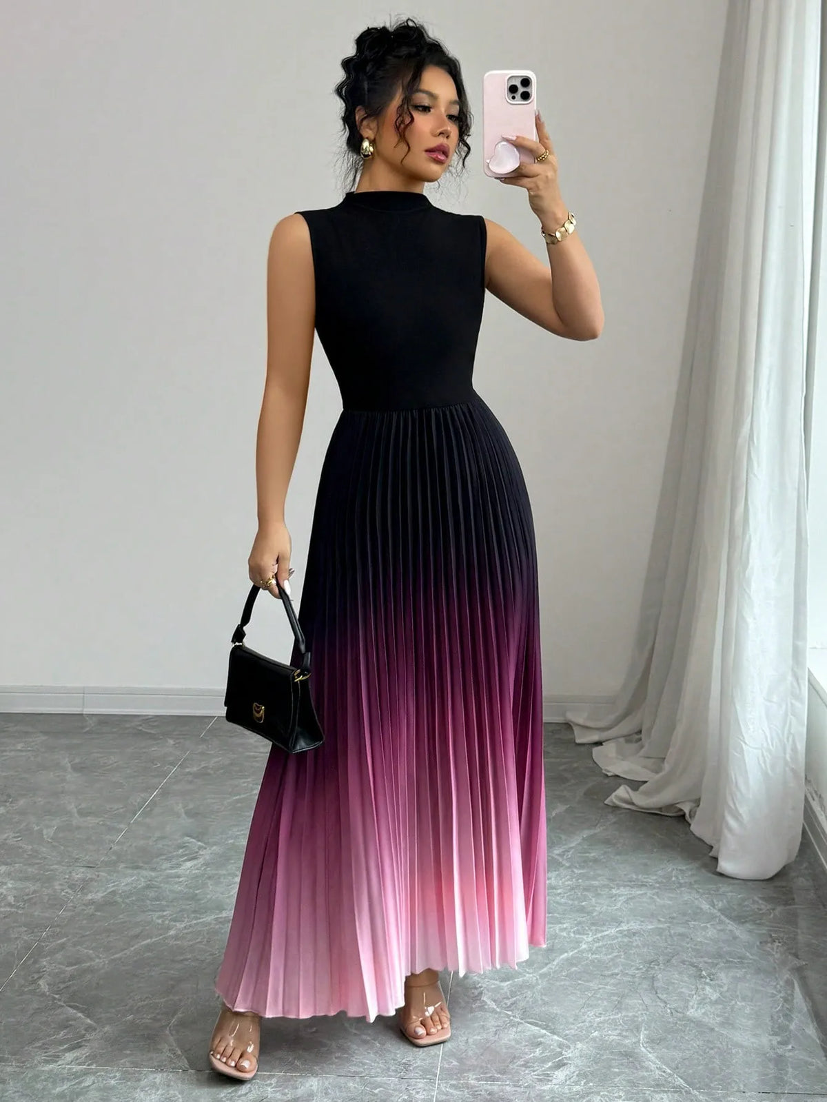 Fashion Maxi Dress Vestidos Dresses Contrast Gradient Sleeveless Slim All-match Simple Style Pleated Party Dresses Evening Gown