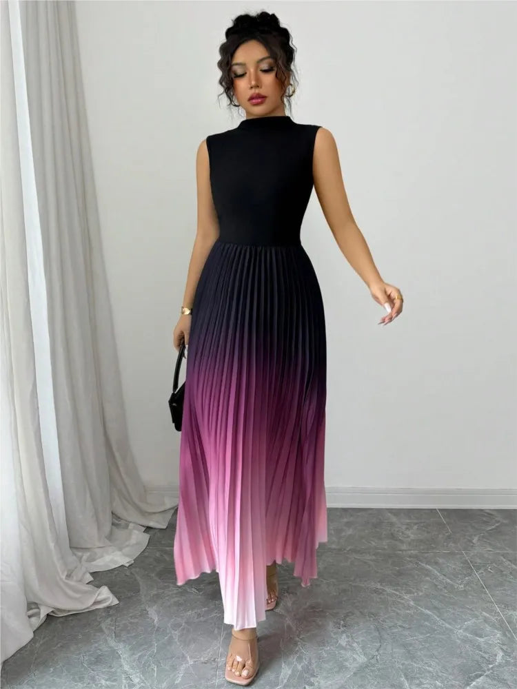 Fashion Maxi Dress Vestidos Dresses Contrast Gradient Sleeveless Slim All-match Simple Style Pleated Party Dresses Evening Gown