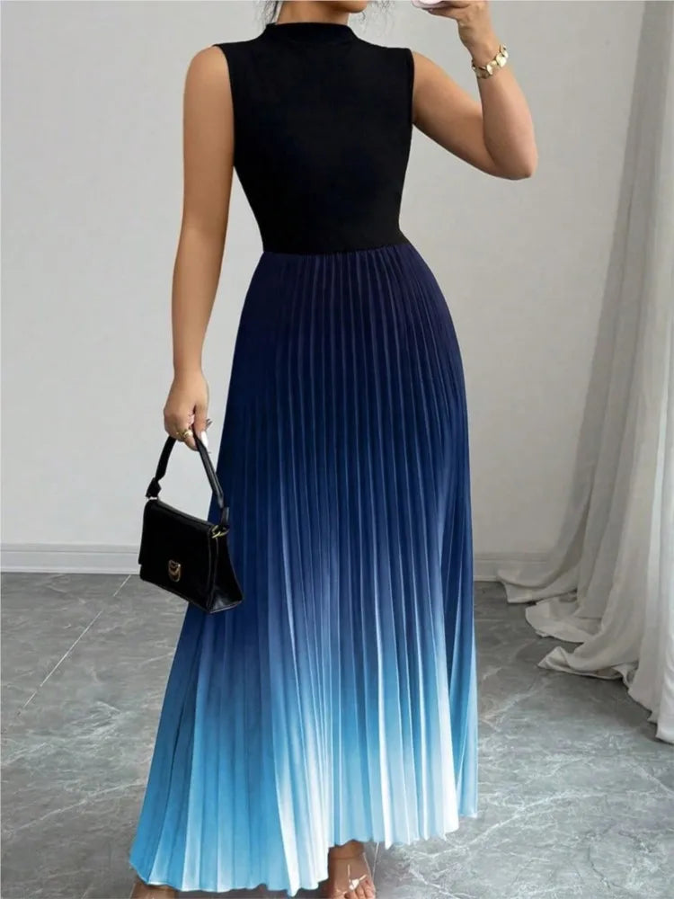 Fashion Maxi Dress Vestidos Dresses Contrast Gradient Sleeveless Slim All-match Simple Style Pleated Party Dresses Evening Gown