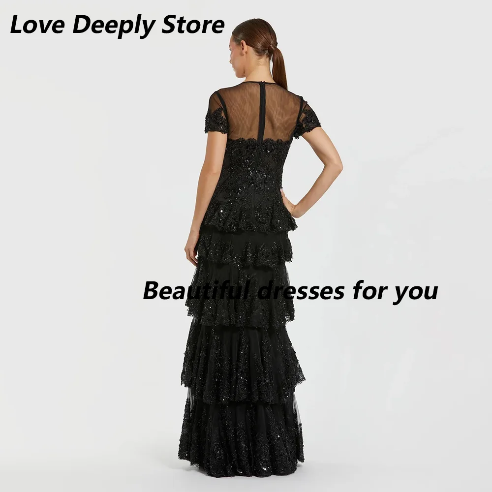 Black Evening Dress O-Neck A Line Lace Applique Tiered Evening Gowns Short Sleeves Floor Length Elegant Party Dresses Customized