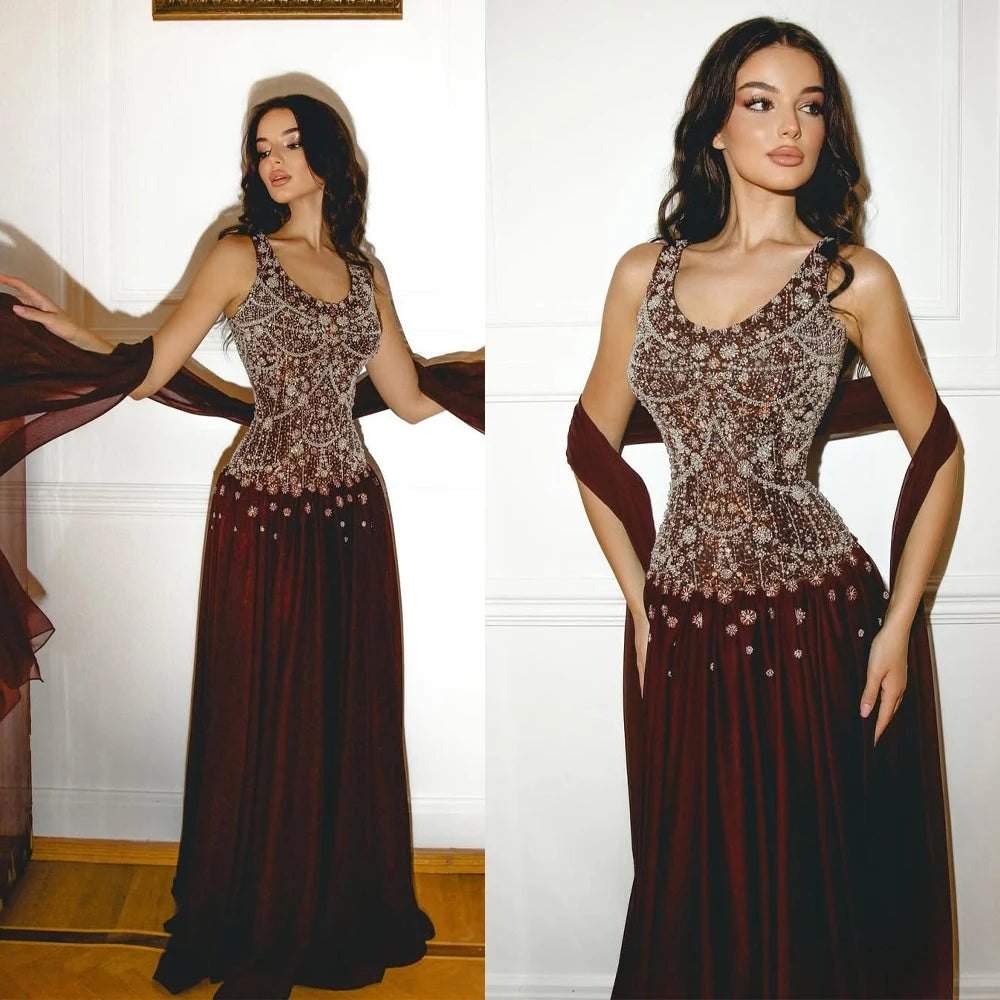Brilliant Evening Dress O-Neck Sleeveless A Line Formal Occasion Dresses Sequined Beaded Floor Length Customized Party Dress