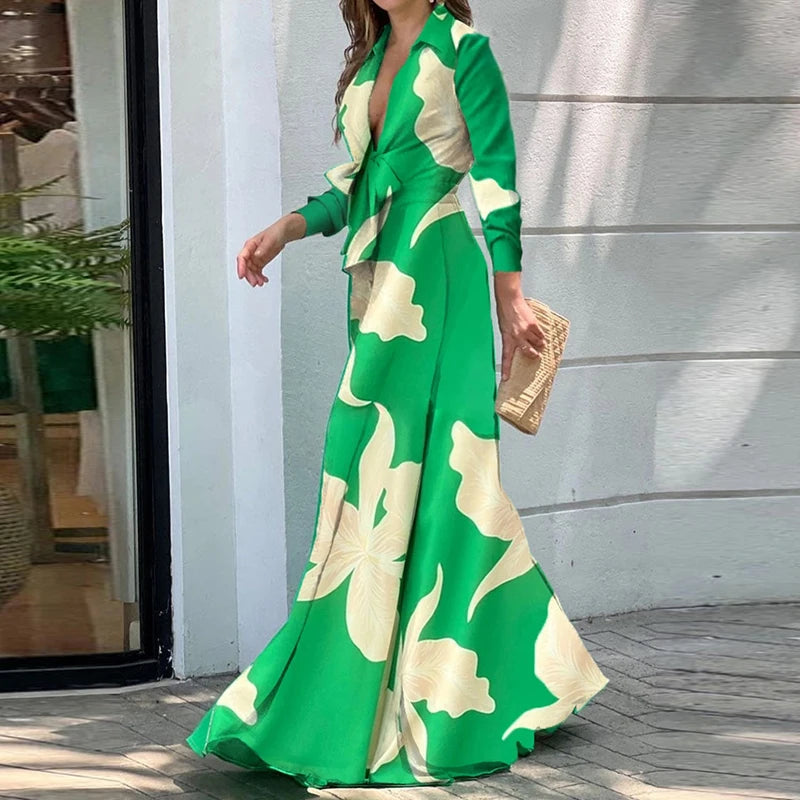 Elegant Maxi Dresses For Women V Neck Lace Up Flower Print Casual Long Sleeve High Waist Long Dress Boho