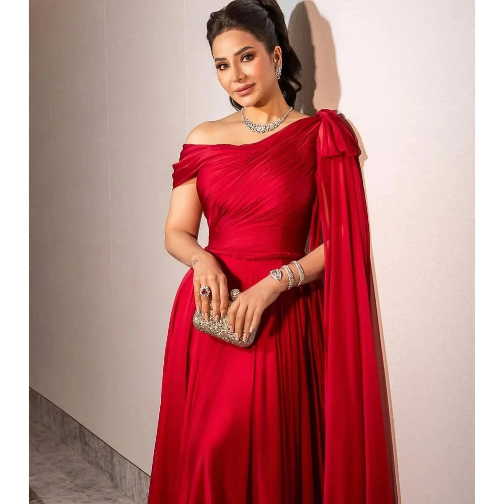 Elegant Red Evening Dress Off Shoulder A Line Floor Length Prom Gown Fashion Bow Ruched Pleat Party Dress Customized