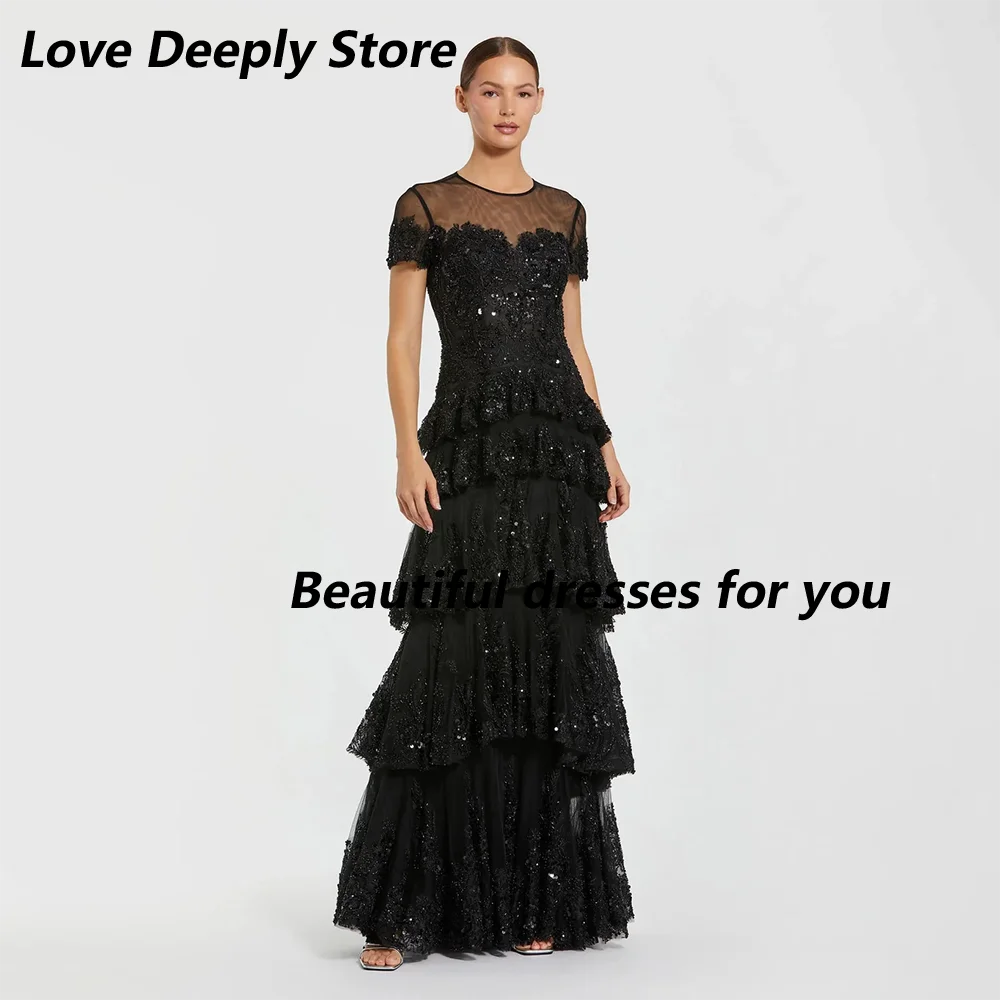 Black Evening Dress O-Neck A Line Lace Applique Tiered Evening Gowns Short Sleeves Floor Length Elegant Party Dresses Customized