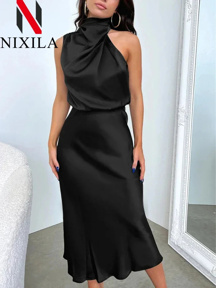 New in Summer Wedding Satin Silk Women Dresses Sexy Evening Party Sleeveless Off Shoulder Bodycon Elegant Maxi Dresses for Women