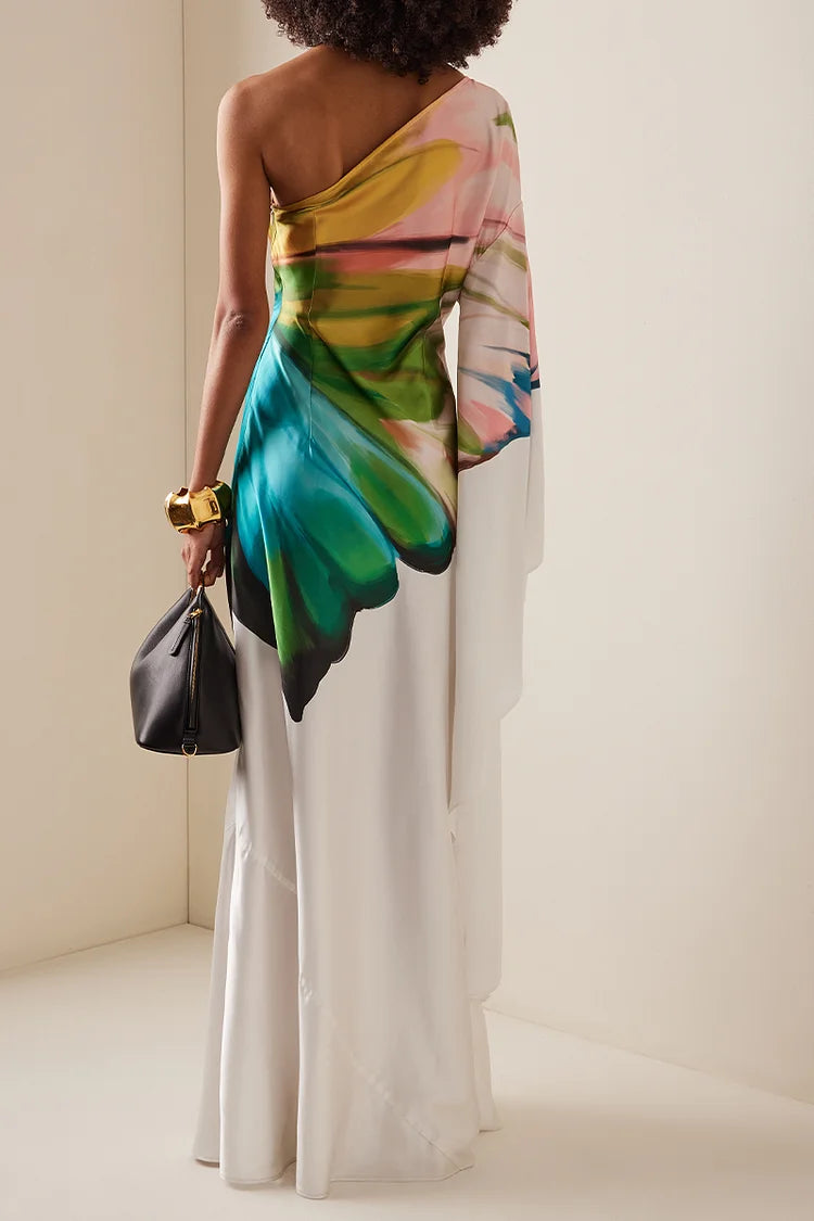 Women Elegant Satin Dress 2025 Oblique Shoulder Papillon Print Dress Maxi Sundress Casual Vintage Printed Loose Long Robe