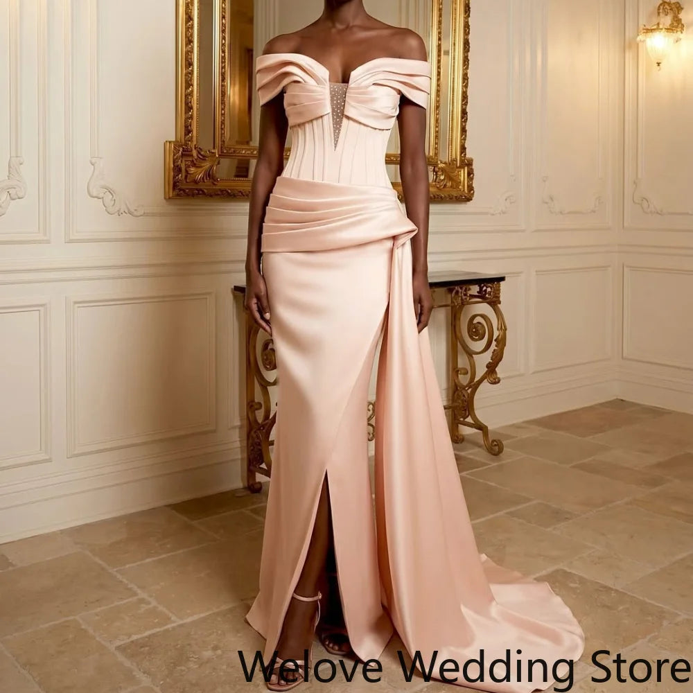 Satin Evening Gown Featuring Off-the-Shoulder Folded Ruffle Neckline Ruched Corset Bodice with Mesh Cutout Wrapped Draped Waist