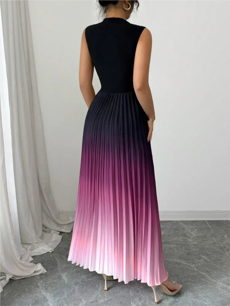 Fashion Maxi Dress Vestidos Dresses Contrast Gradient Sleeveless Slim All-match Simple Style Pleated Party Dresses Evening Gown