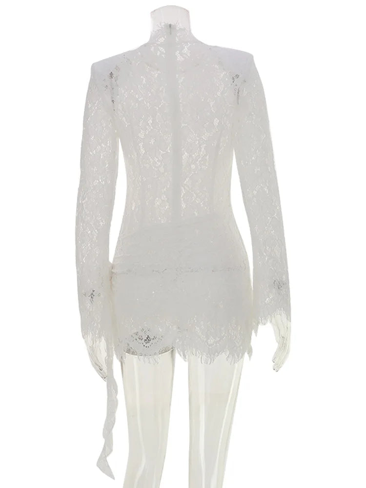 Mini Dresses Long Sleeves For Female O-Neck Slim Tight Bodycon Elegant Solid Soft Daily Casual Lace Patchwork Sheer Sexy Folds
