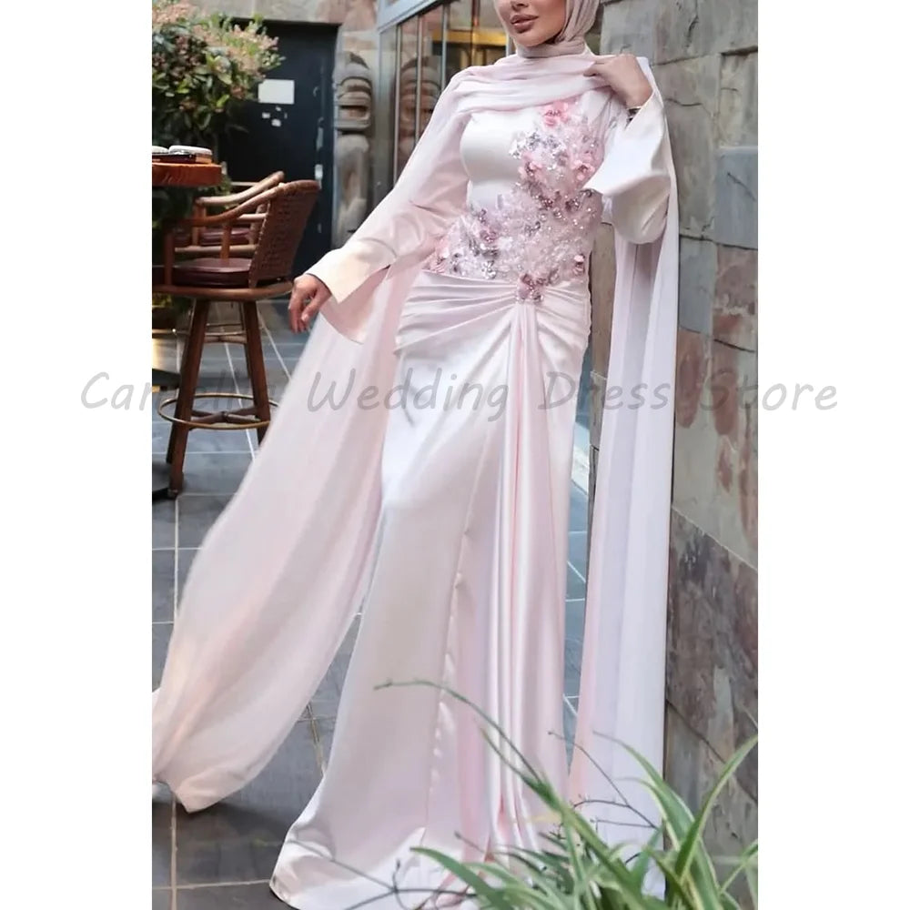Muslim Evening Dress Long Sleeve 3D Floral Beaded Bodice Draped Waist With Matching Cape Modest Islamic Wedding Guest Gown