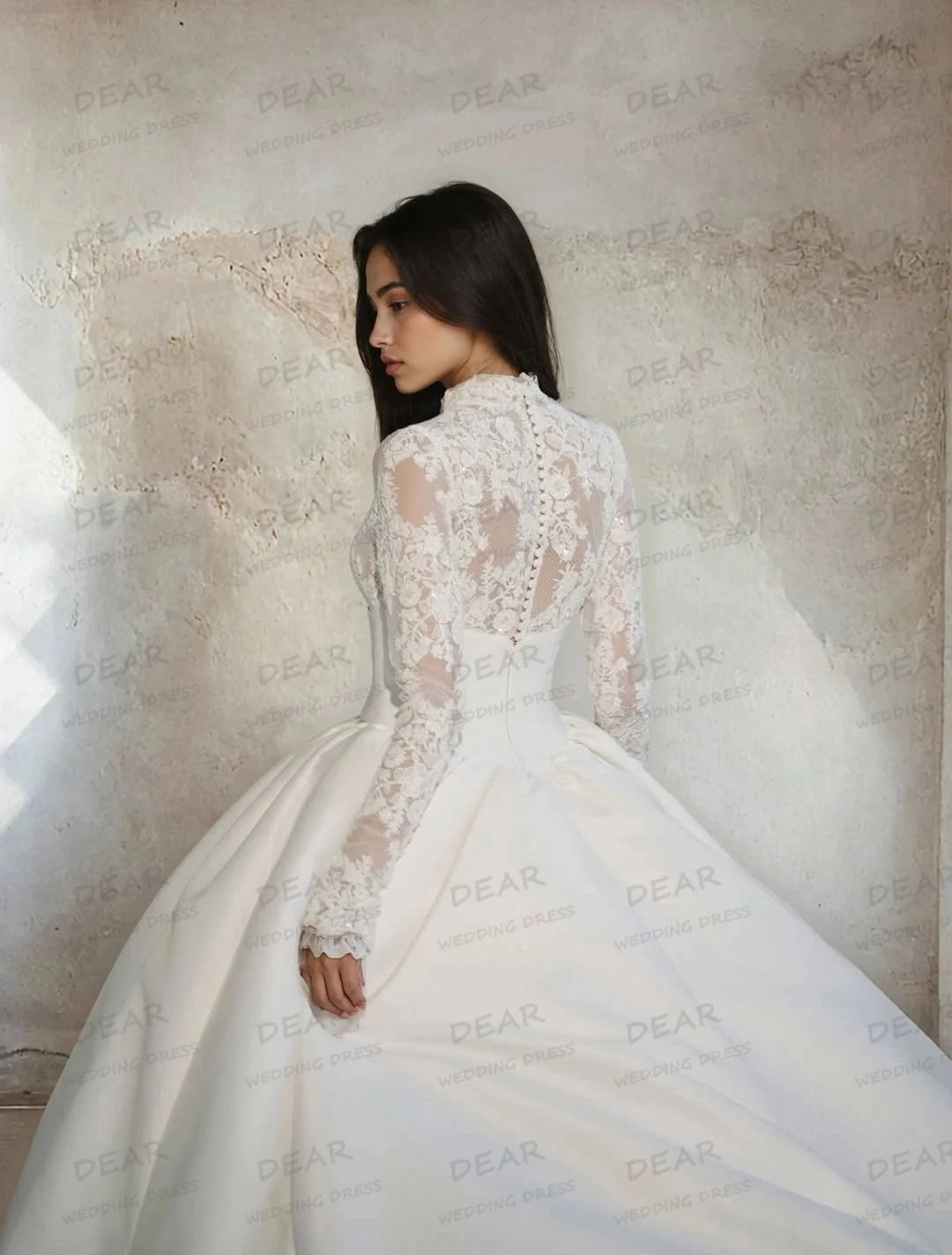 Satin Wedding Dresses Sexy High Neck Appliques Long Sleeve Formal A Line Women Bridal Gowns Party Customized Vestidos De Novia