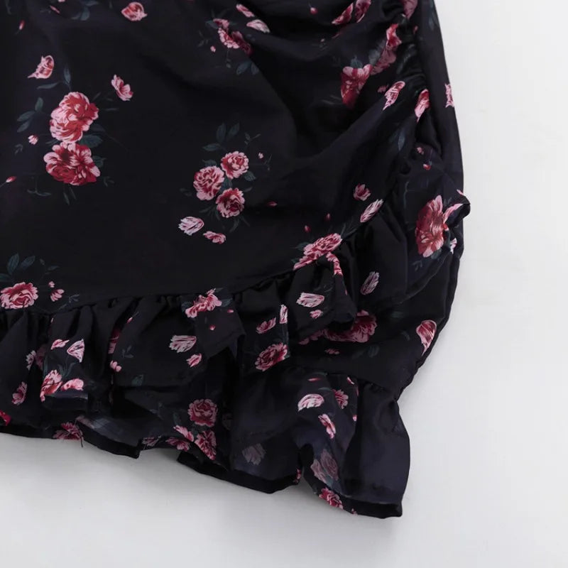 Women's Summer Floral Print Mini Dress Elegant V Neck Puff Sleeve Ruched Ruffle Hem Bodycon Short Dress for Night Party Cocktail