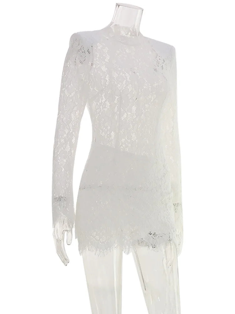 Mini Dresses Long Sleeves For Female O-Neck Slim Tight Bodycon Elegant Solid Soft Daily Casual Lace Patchwork Sheer Sexy Folds