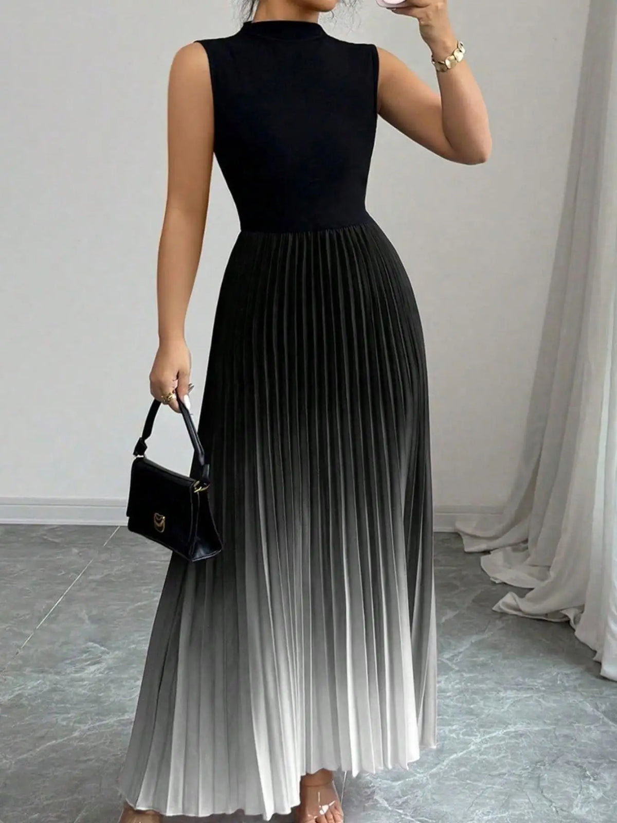 Fashion Maxi Dress Vestidos Dresses Contrast Gradient Sleeveless Slim All-match Simple Style Pleated Party Dresses Evening Gown