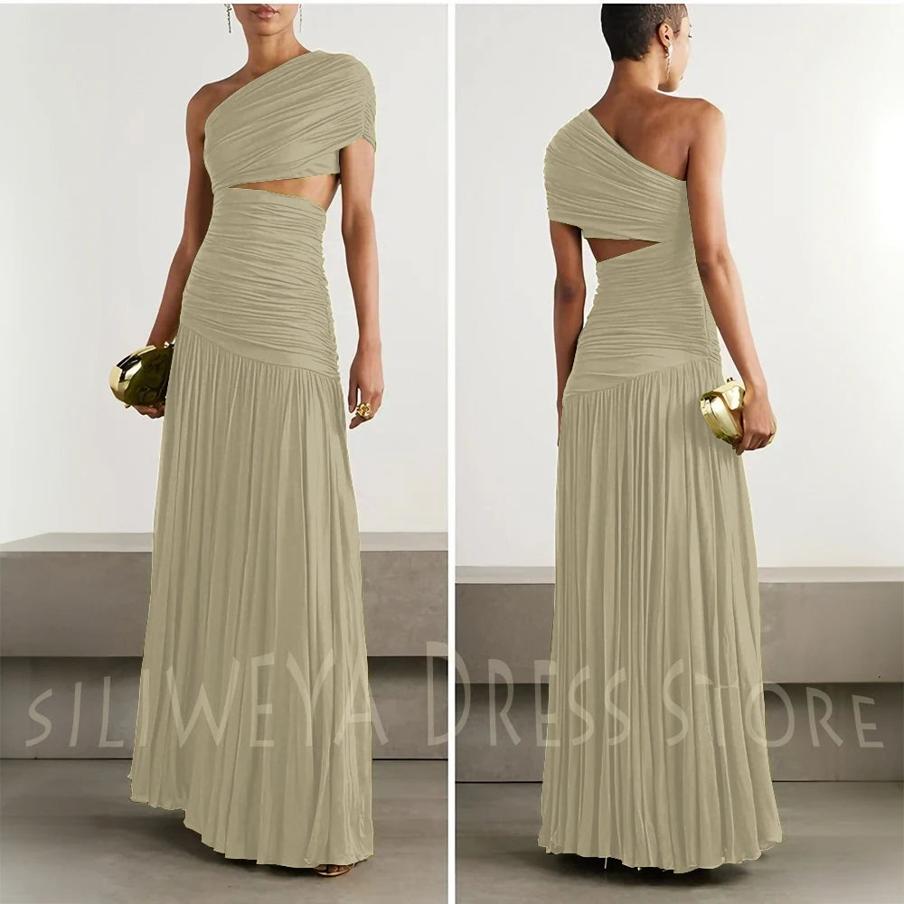 Green Evening Dresses Elegant Women One Shoulder Sleeveless Floor Length A Line Party Celebrity Prom Female Gowns Classic