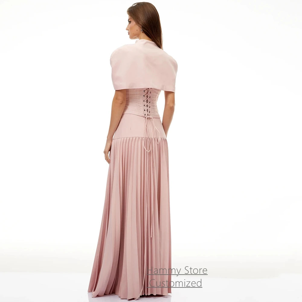 Evening Dress Modern Strapless Sleeveless Two Piece Pleat Skirt A Line Arabian Party Gown with Beading Cape Prom Dresses