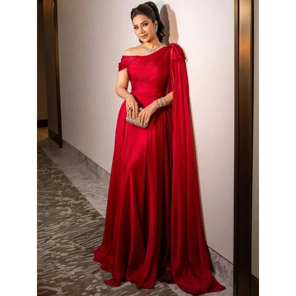 Elegant Red Evening Dress Off Shoulder A Line Floor Length Prom Gown Fashion Bow Ruched Pleat Party Dress Customized