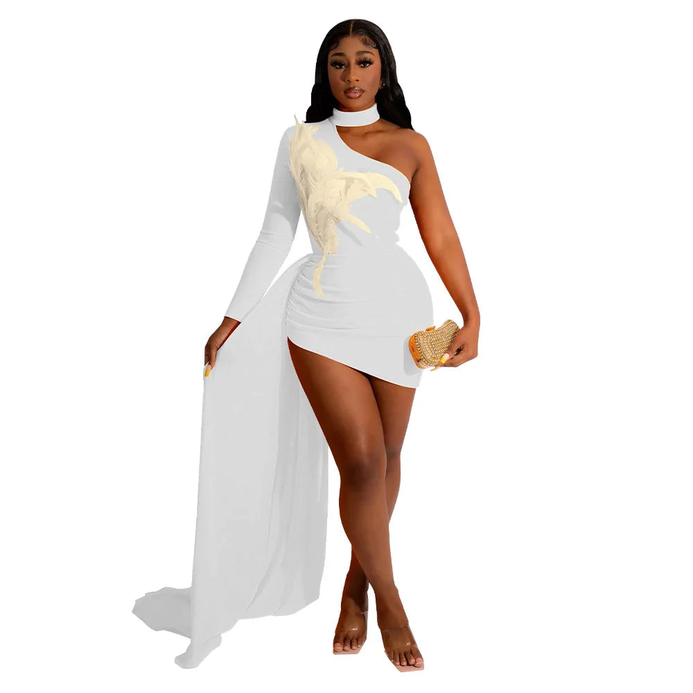 Temperament Women's Dresses Sexy Single Shoulder Feather Patchwork Long Straps Mini Dress Chic Solid Bodycon Party Dress Outfits