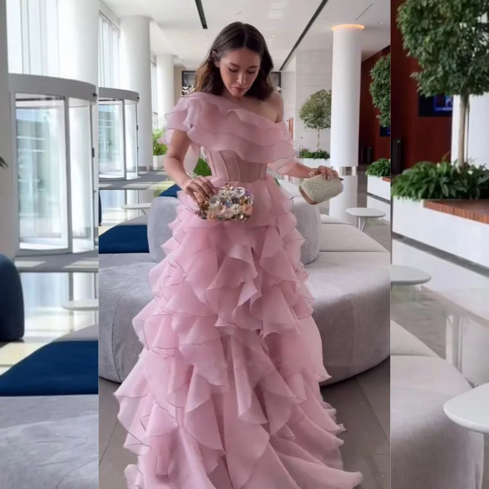 Customized Sparkle Organza Pleat Ruffle A-line Off-the-shoulder Long Dresses Bespoke Occasion Prom High Quality Exquisite