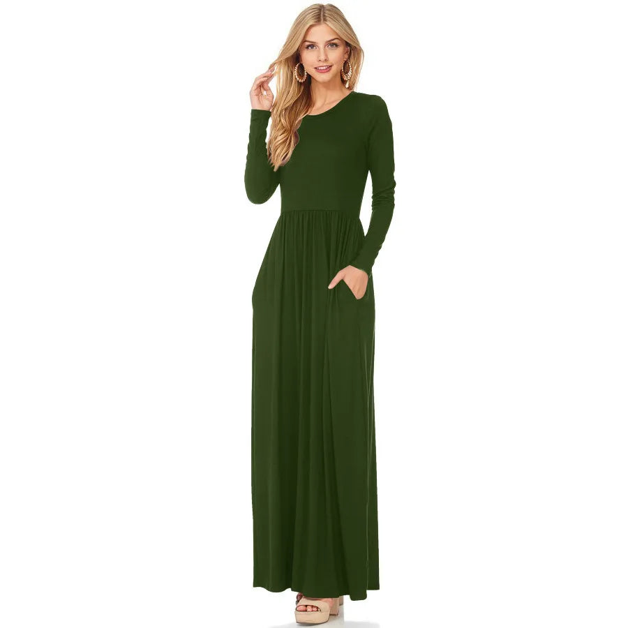 Women's Maxi Dress Summer Casual Solid adies Long Sleeve Pocket Floor Length Dress Fashion O Neck Female Long Skirts Street Wear