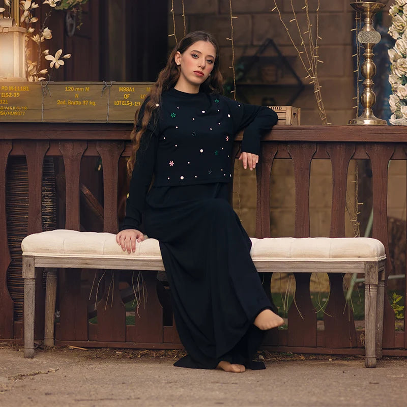 Maxi Dress Women Long Sleeve Lady Dresses Flowers and Pearls Top Casual Dress Round Neck Black Modal Ribbed Top Sizes XS-XXXL