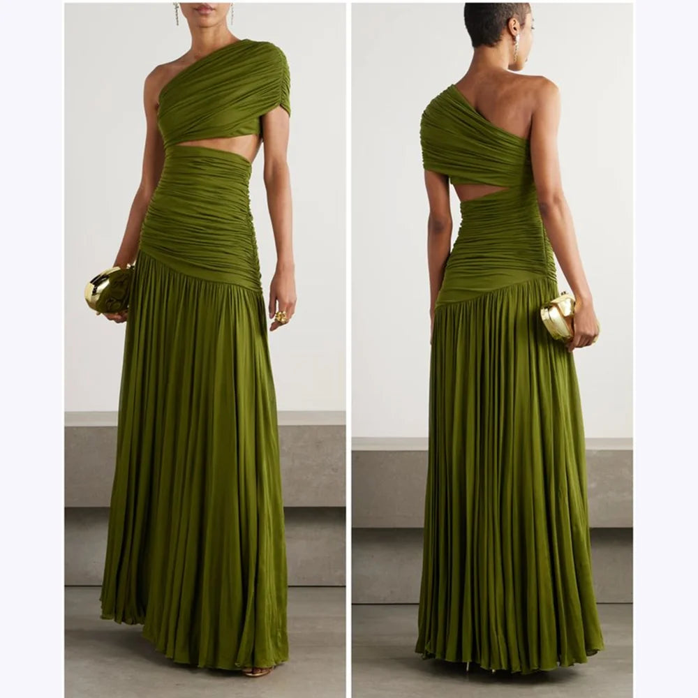 Green Evening Dresses Elegant Women One Shoulder Sleeveless Floor Length A Line Party Celebrity Prom Female Gowns Classic