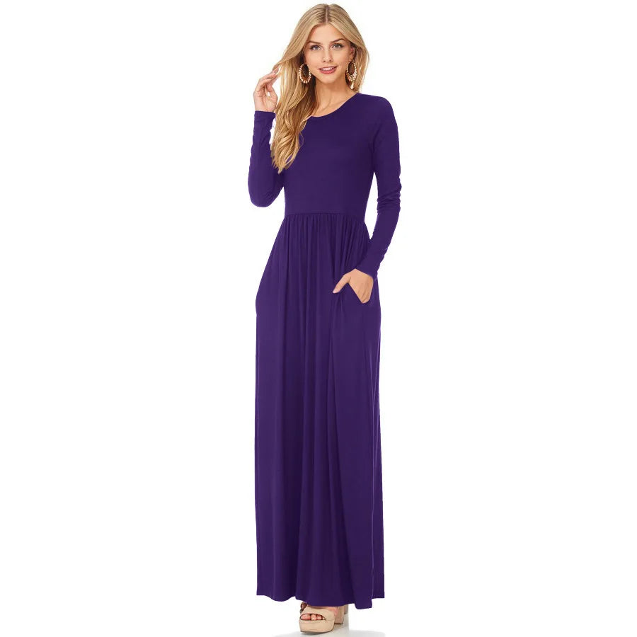 Women's Maxi Dress Summer Casual Solid adies Long Sleeve Pocket Floor Length Dress Fashion O Neck Female Long Skirts Street Wear