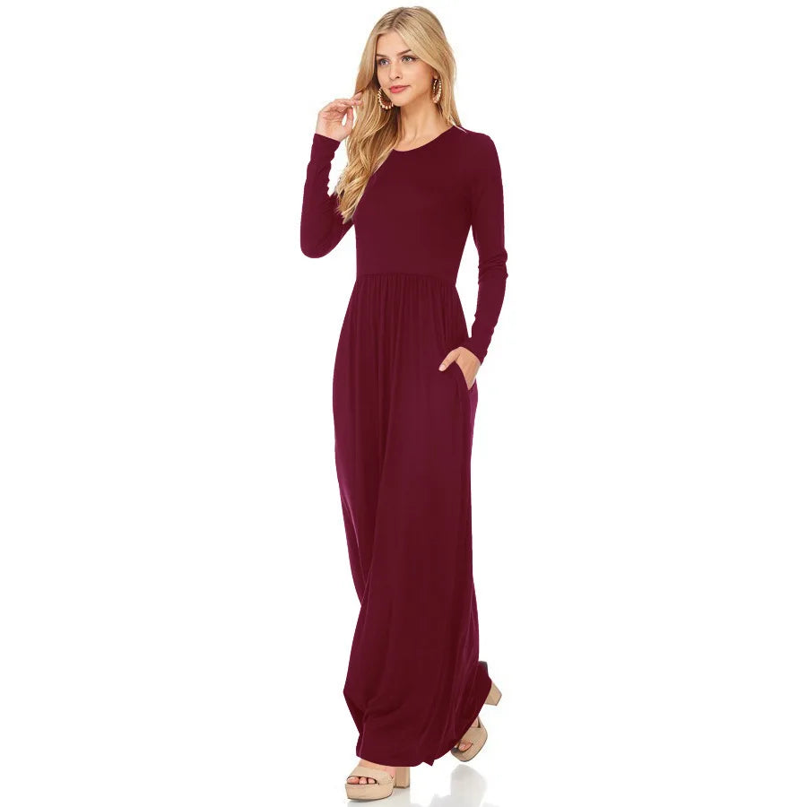 Women's Maxi Dress Summer Casual Solid adies Long Sleeve Pocket Floor Length Dress Fashion O Neck Female Long Skirts Street Wear
