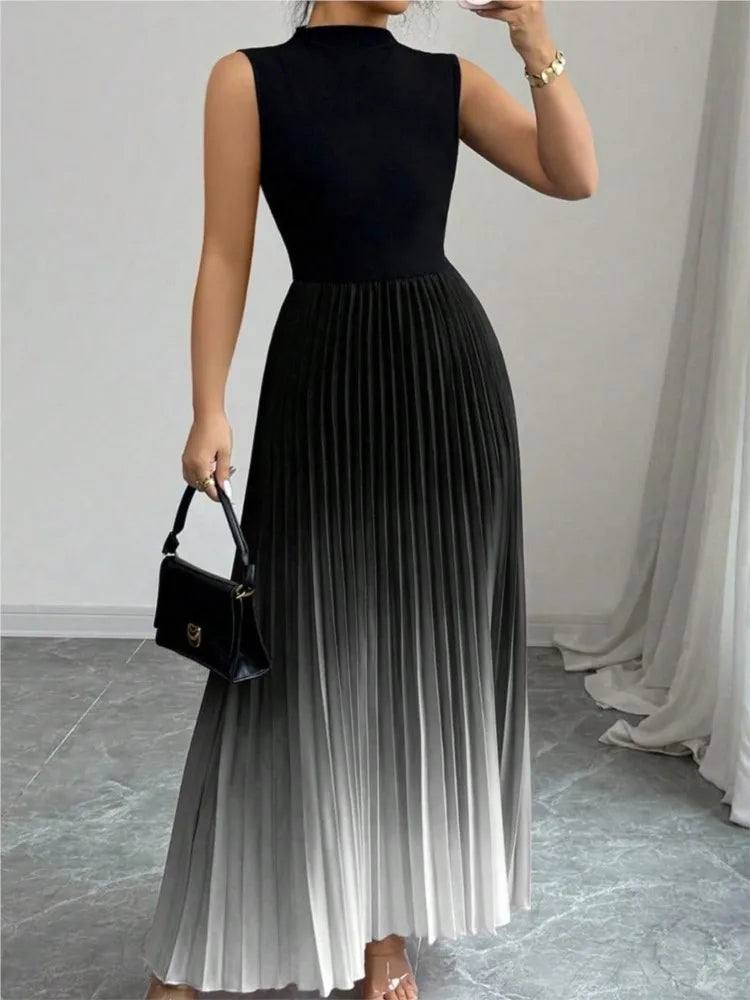 Fashion Maxi Dress Vestidos Dresses Contrast Gradient Sleeveless Slim All-match Simple Style Pleated Party Dresses Evening Gown