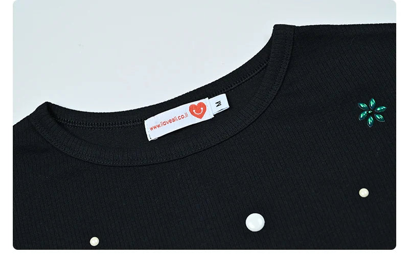 Maxi Dress Women Long Sleeve Lady Dresses Flowers and Pearls Top Casual Dress Round Neck Black Modal Ribbed Top Sizes XS-XXXL