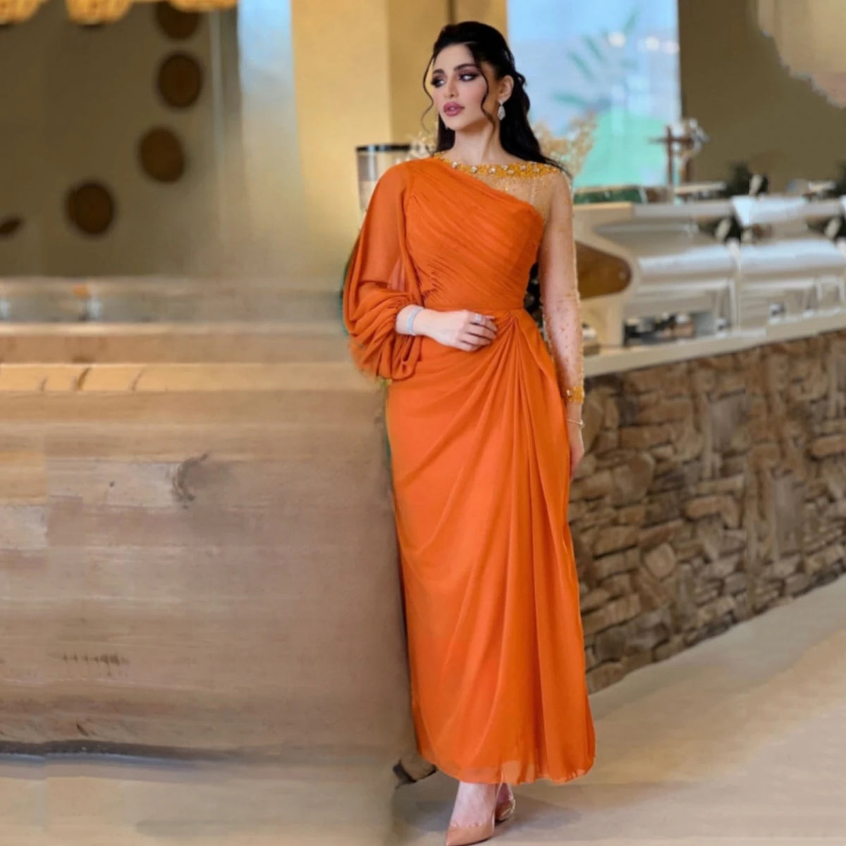 Formal Occasion Dresses Saudi Arabia Women's Prom Dresses Beaded Long Sleeves Floor Length Evening Gowns Female Dress customized
