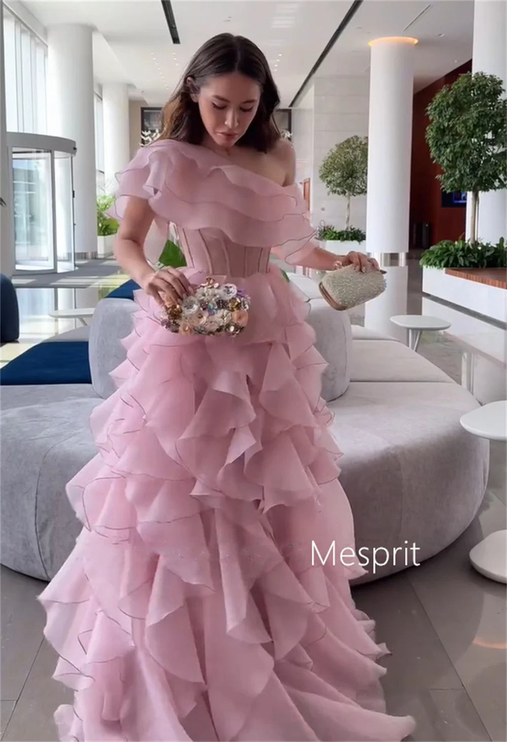 Customized Sparkle Organza Pleat Ruffle A-line Off-the-shoulder Long Dresses Bespoke Occasion Prom High Quality Exquisite