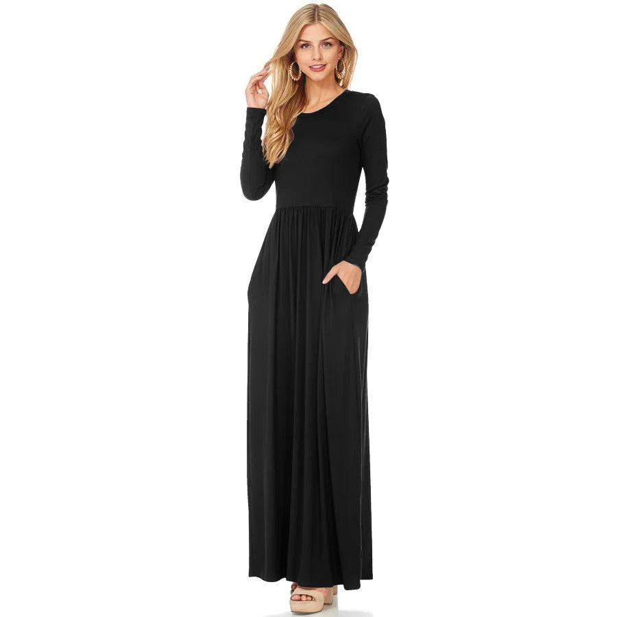 Women's Maxi Dress Summer Casual Solid adies Long Sleeve Pocket Floor Length Dress Fashion O Neck Female Long Skirts Street Wear