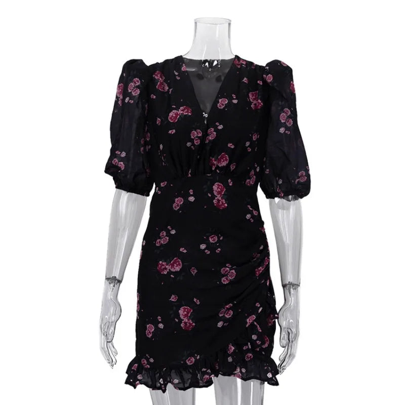 Women's Summer Floral Print Mini Dress Elegant V Neck Puff Sleeve Ruched Ruffle Hem Bodycon Short Dress for Night Party Cocktail
