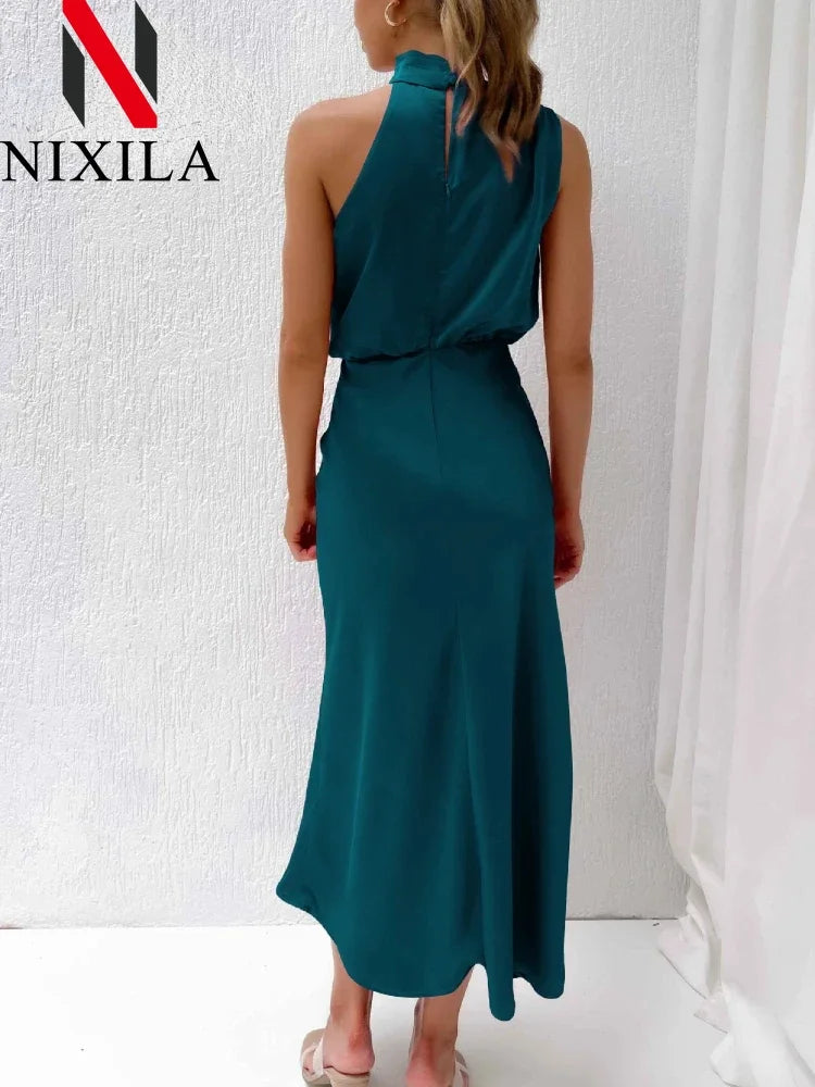 New in Summer Wedding Satin Silk Women Dresses Sexy Evening Party Sleeveless Off Shoulder Bodycon Elegant Maxi Dresses for Women