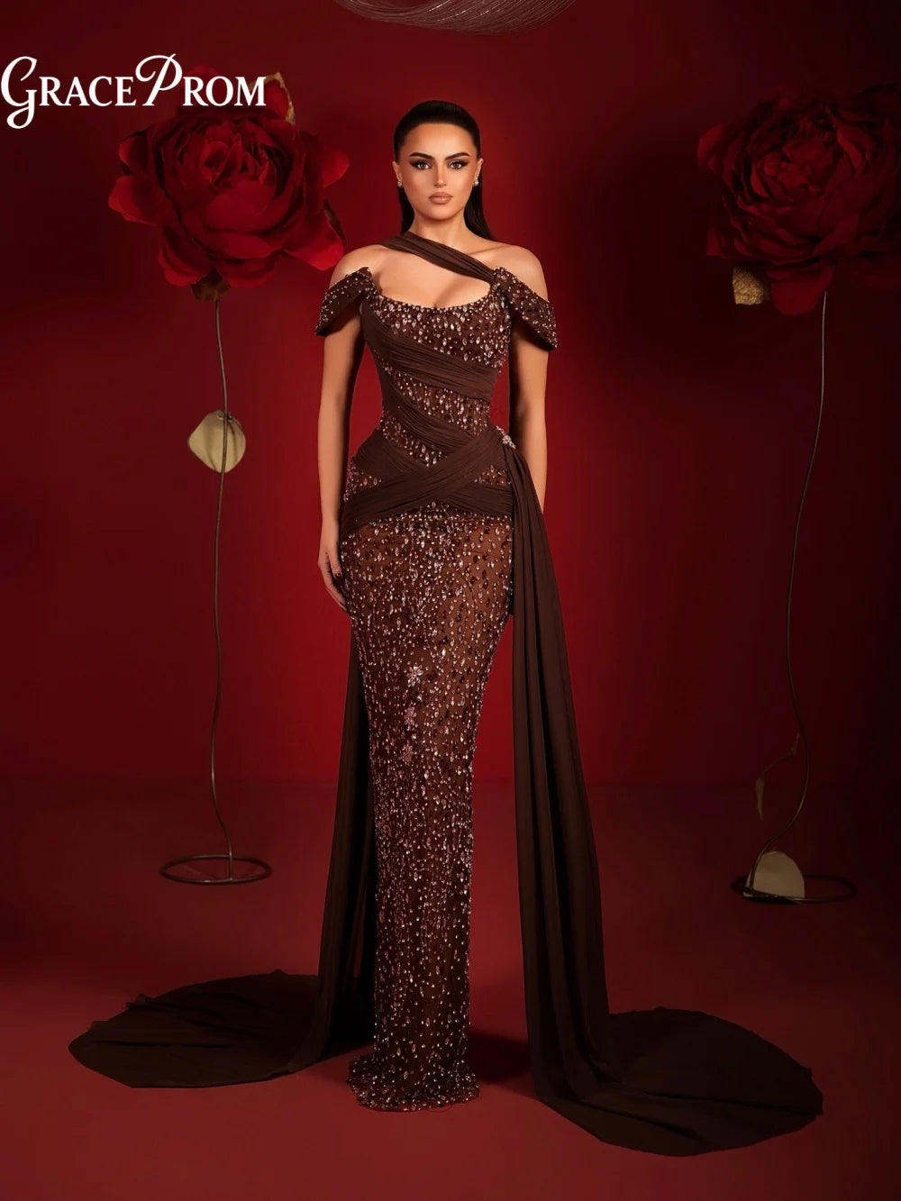 Elegant Brown Long Dress Opulent Off Shoulder Beaded Chiffon Draped Train Party Dress Evening Gown Wedding Guests فساتين سهرة