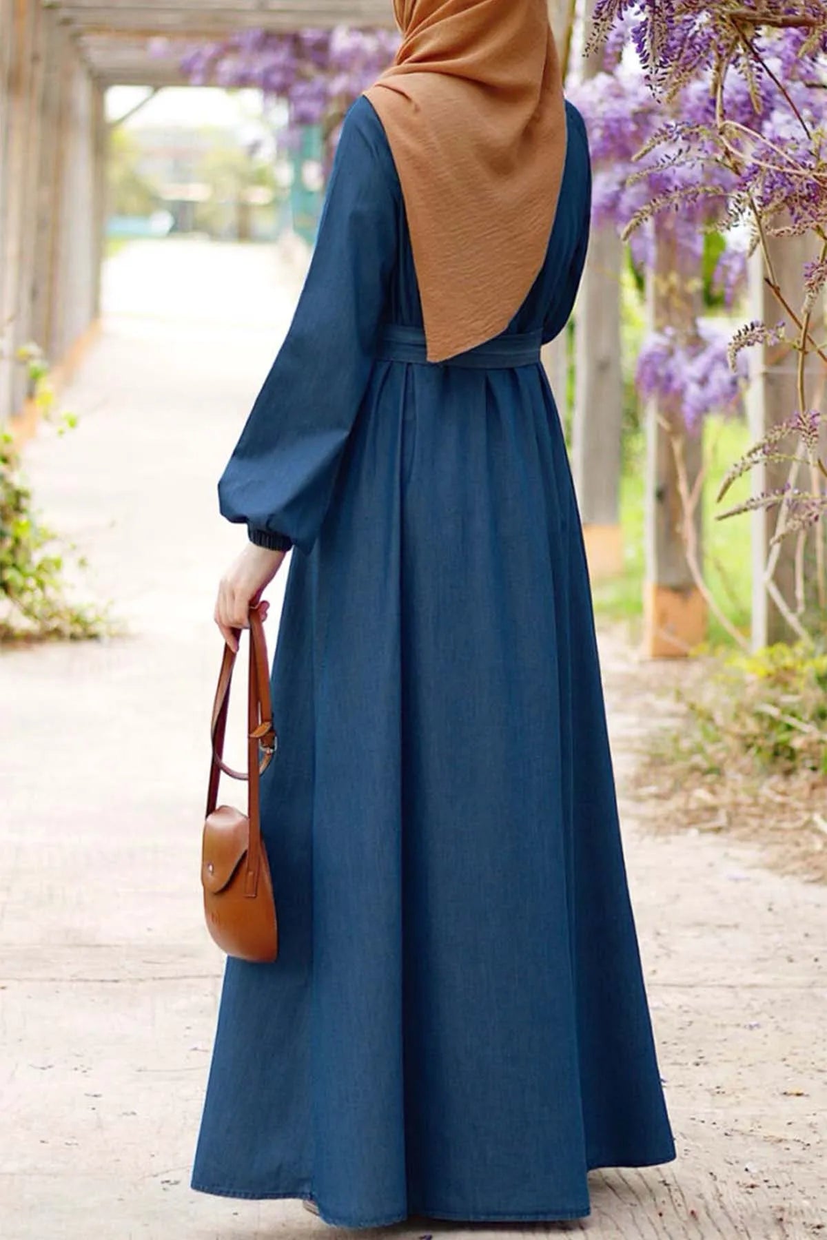 Muslim Maxi Dresses for Women Vintage Denim Lace Up Lantern Sleeve Maxi Dress