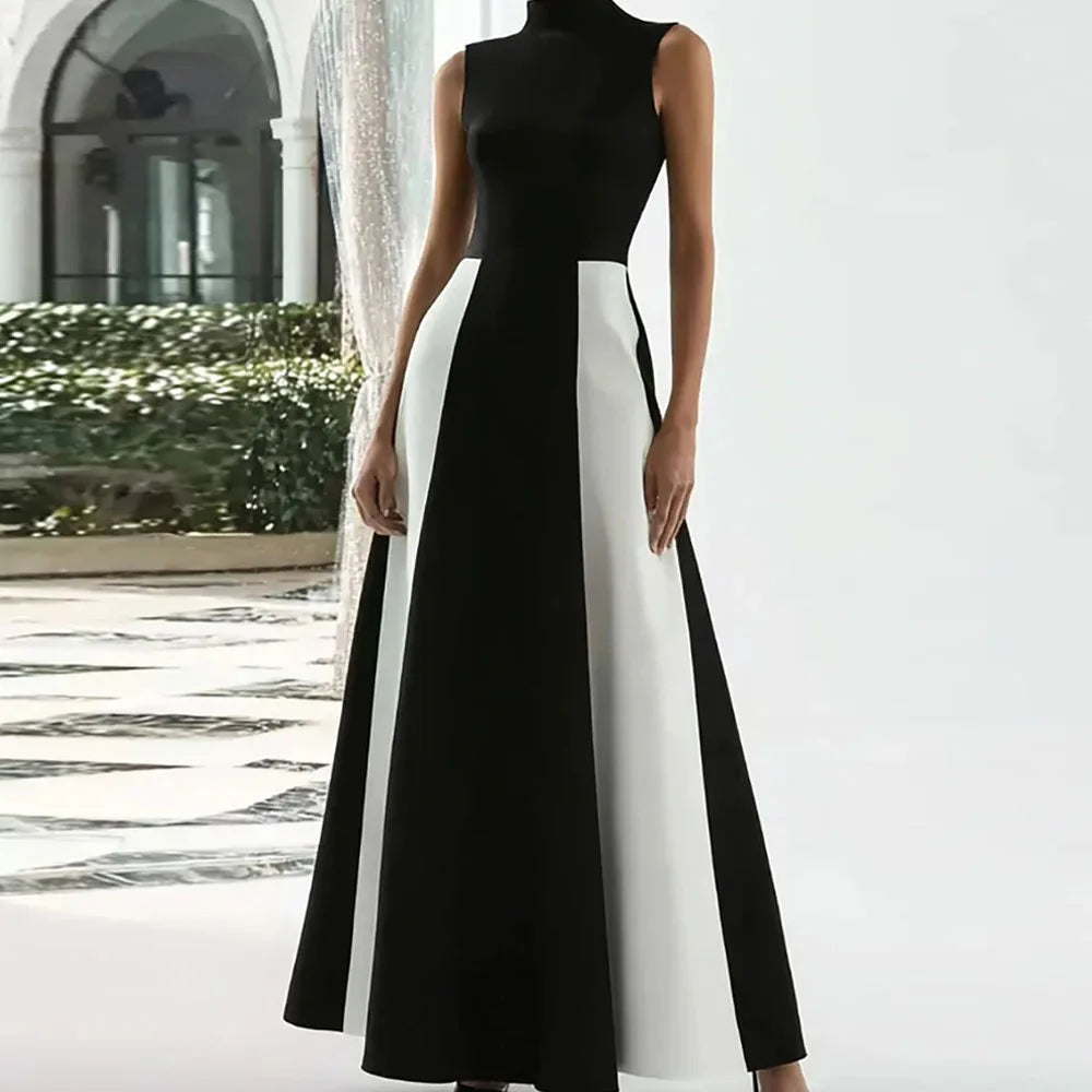 Elegant Evening Dress Black with White High Neck Sleeveless A Line Ankle Length Formal Dresses Classic Party Gown Custom Color