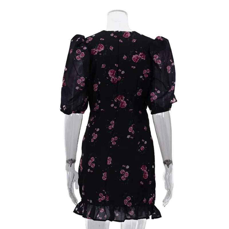 Women's Summer Floral Print Mini Dress Elegant V Neck Puff Sleeve Ruched Ruffle Hem Bodycon Short Dress for Night Party Cocktail