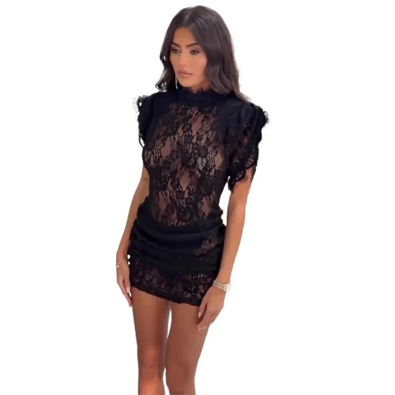 Sexy Black Lace Pleated Mini Dresses for Women Half High Collar Short Sleeve Spliced Sheer Club Party Dress Female New Vestidos