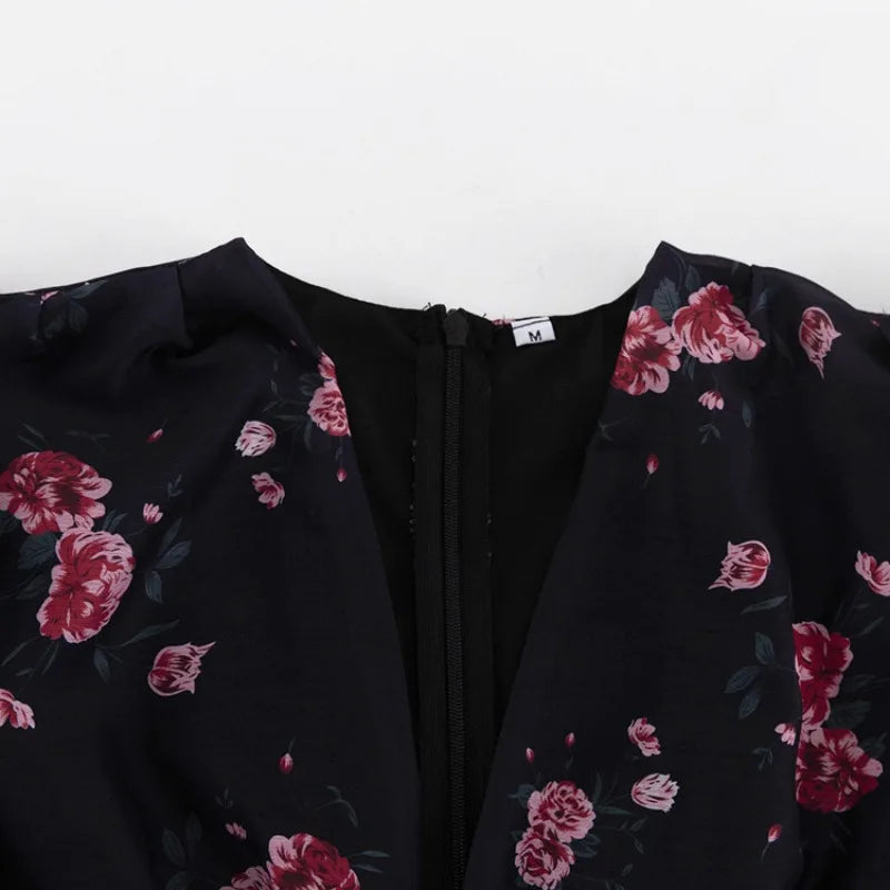 Women's Summer Floral Print Mini Dress Elegant V Neck Puff Sleeve Ruched Ruffle Hem Bodycon Short Dress for Night Party Cocktail